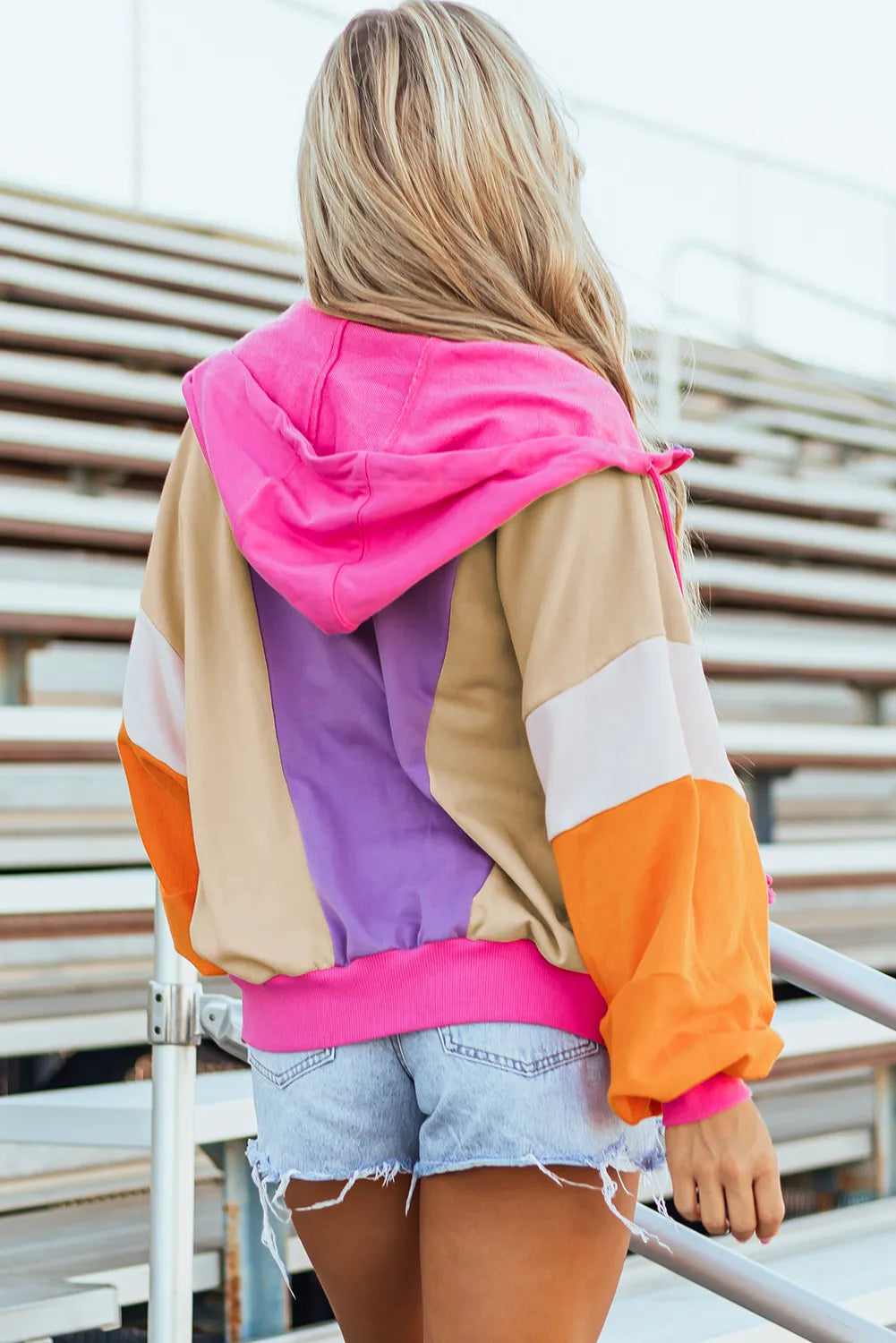 Drawstring Color Block Zip Up Long Sleeve Hoodie