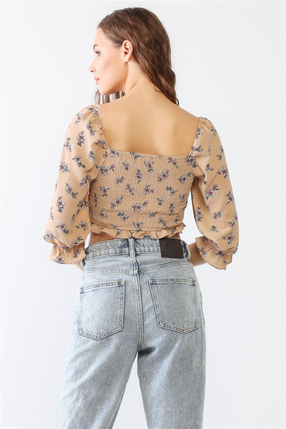 Miss Love / Kevin Co. Floral Ruffle Smocked Back Ruched Crop Top