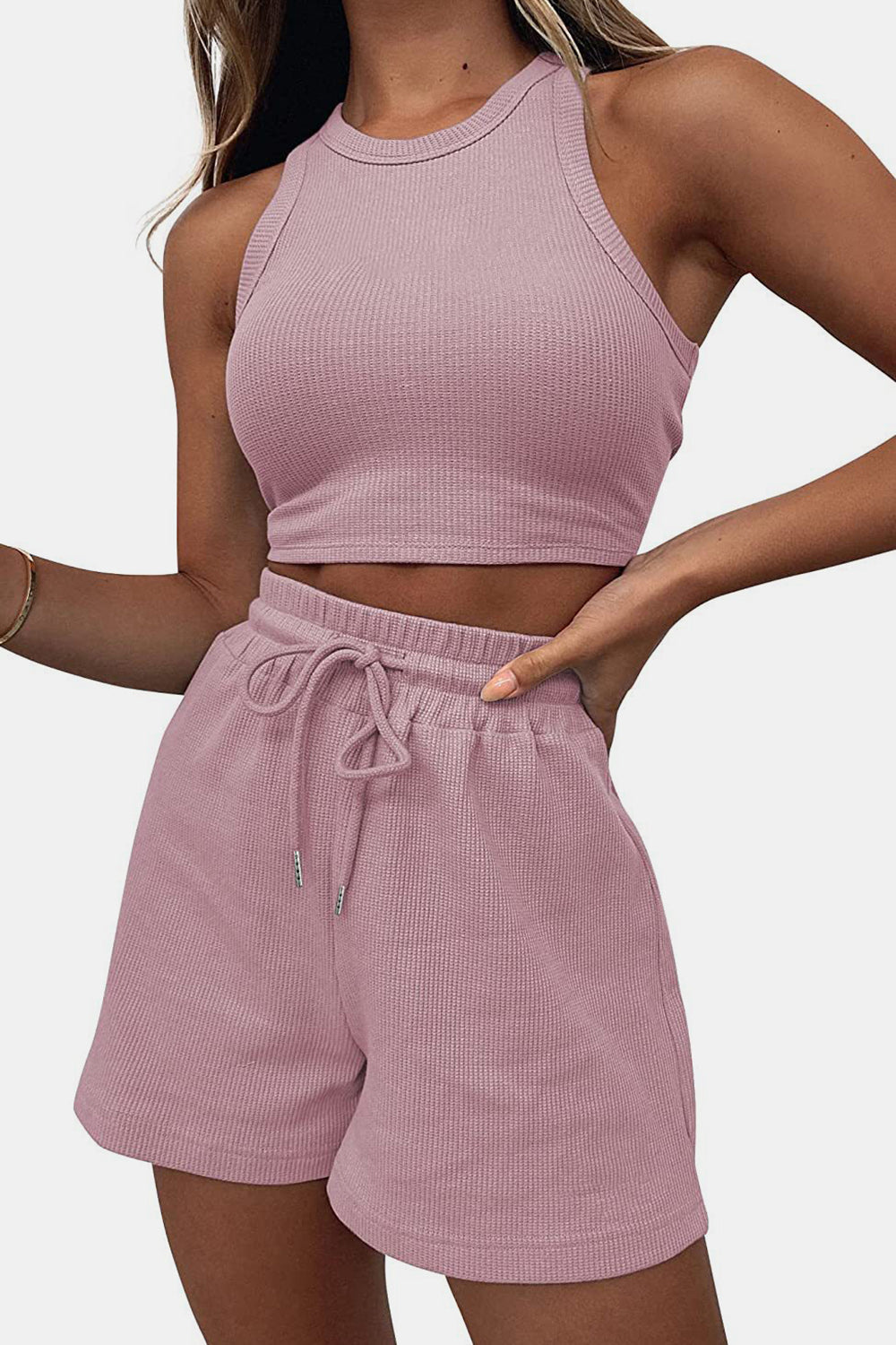 Round Neck Crop Top and Drawstring Shorts Set