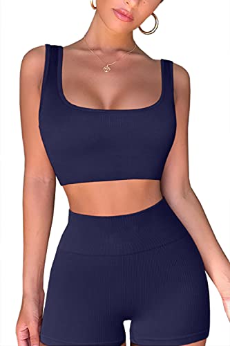 QINSEN Workout Sets for Women 2 Piece Seamless Ribbed Crop Tank High Waist Shorts Yoga Outfits