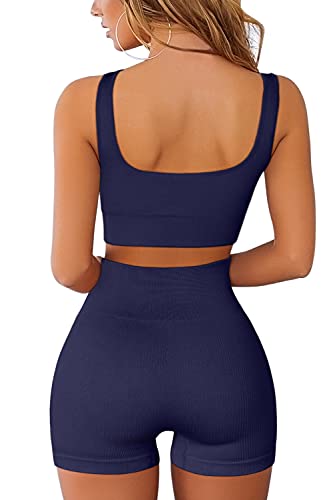 QINSEN Workout Sets for Women 2 Piece Seamless Ribbed Crop Tank High Waist Shorts Yoga Outfits