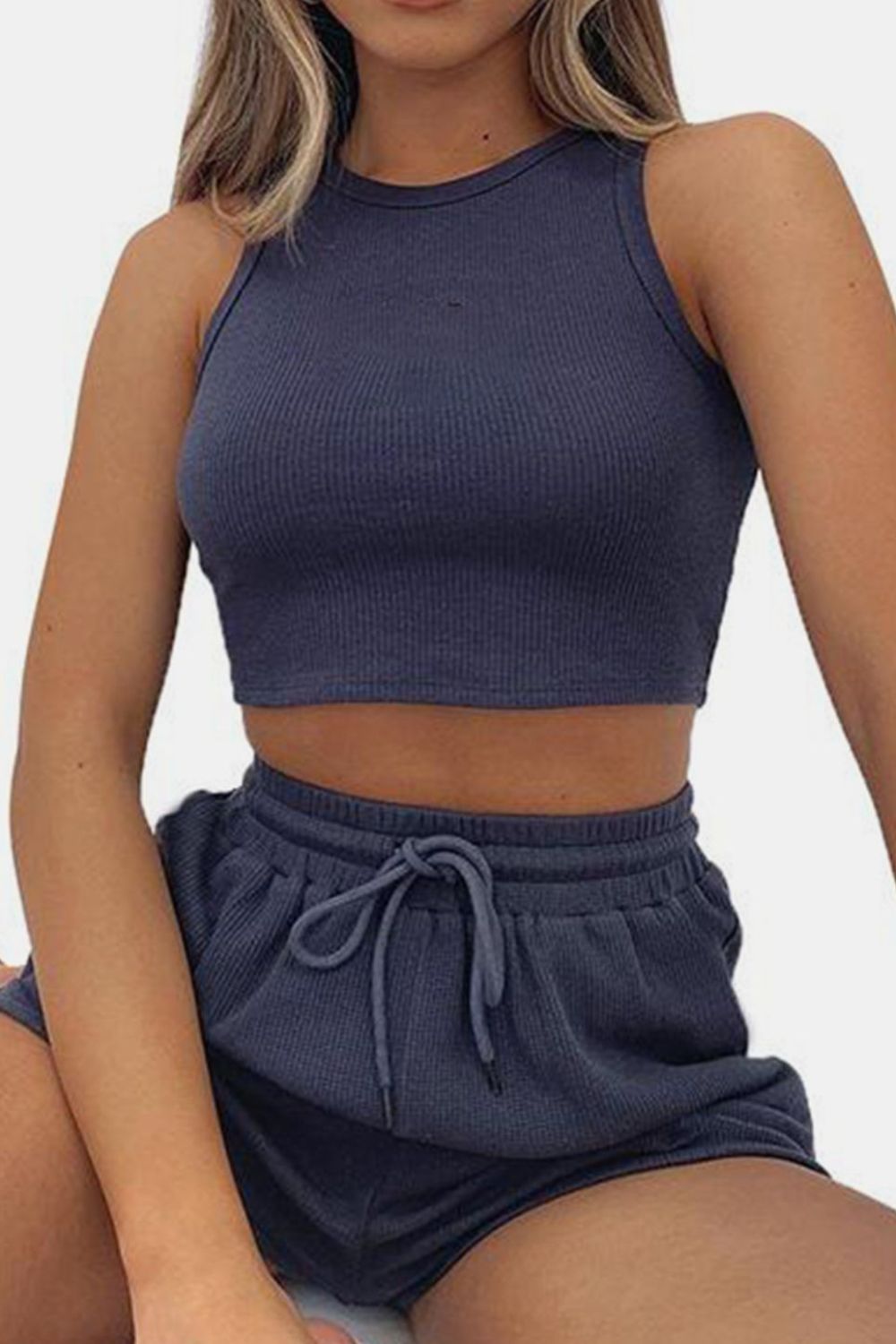 Round Neck Crop Top and Drawstring Shorts Set