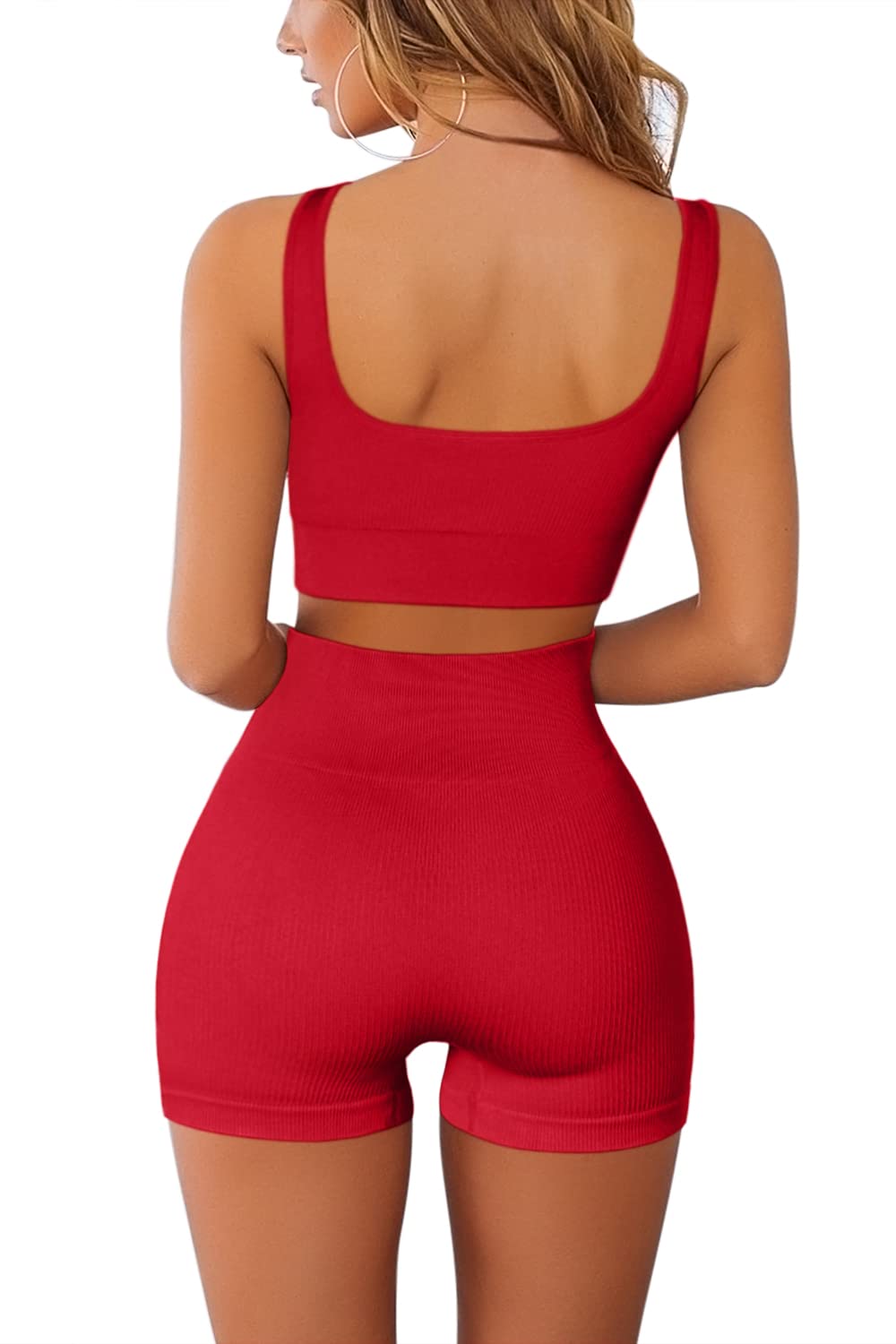 QINSEN Workout Sets for Women 2 Piece Seamless Ribbed Crop Tank High Waist Shorts Yoga Outfits