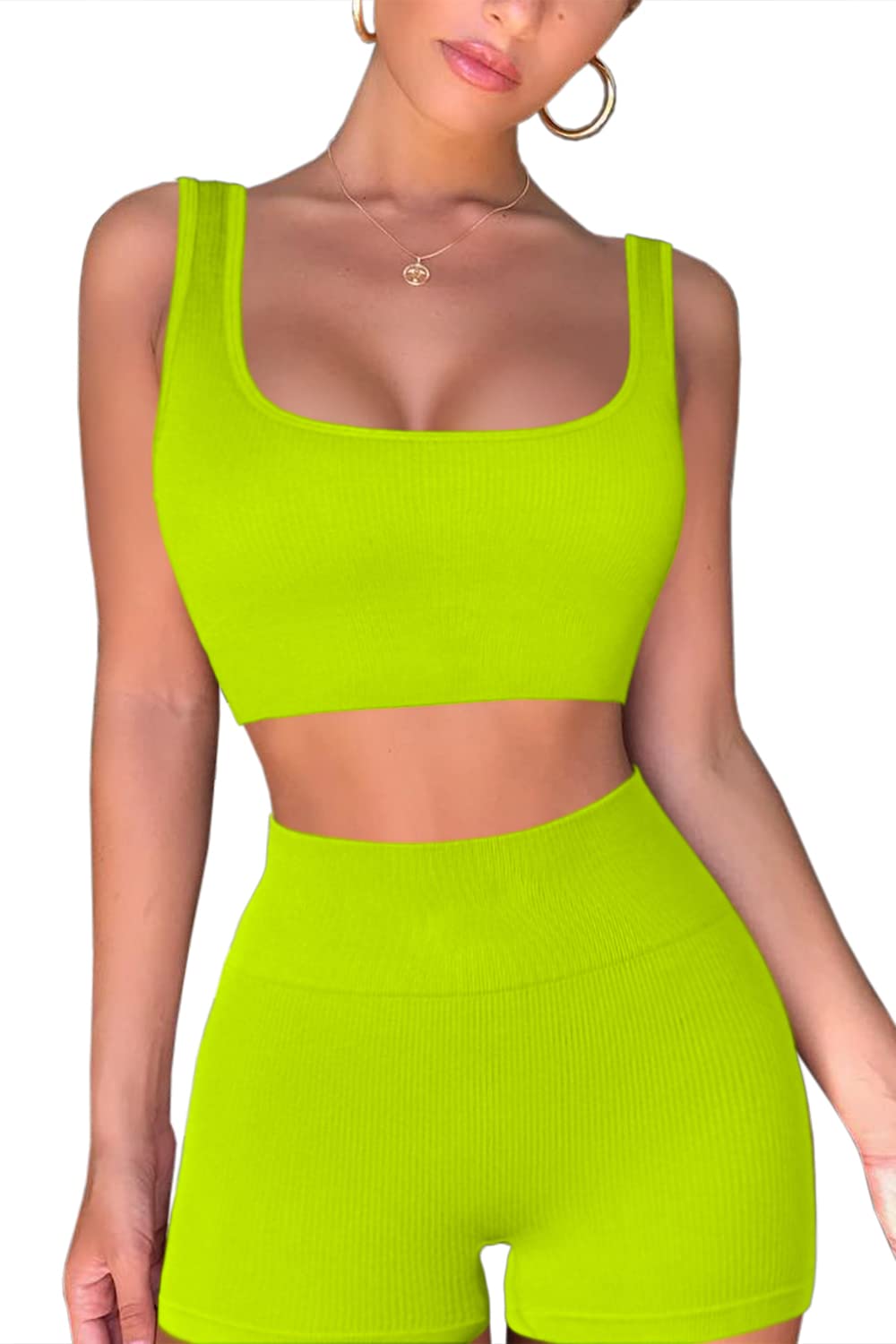 QINSEN Workout Sets for Women 2 Piece Seamless Ribbed Crop Tank High Waist Shorts Yoga Outfits