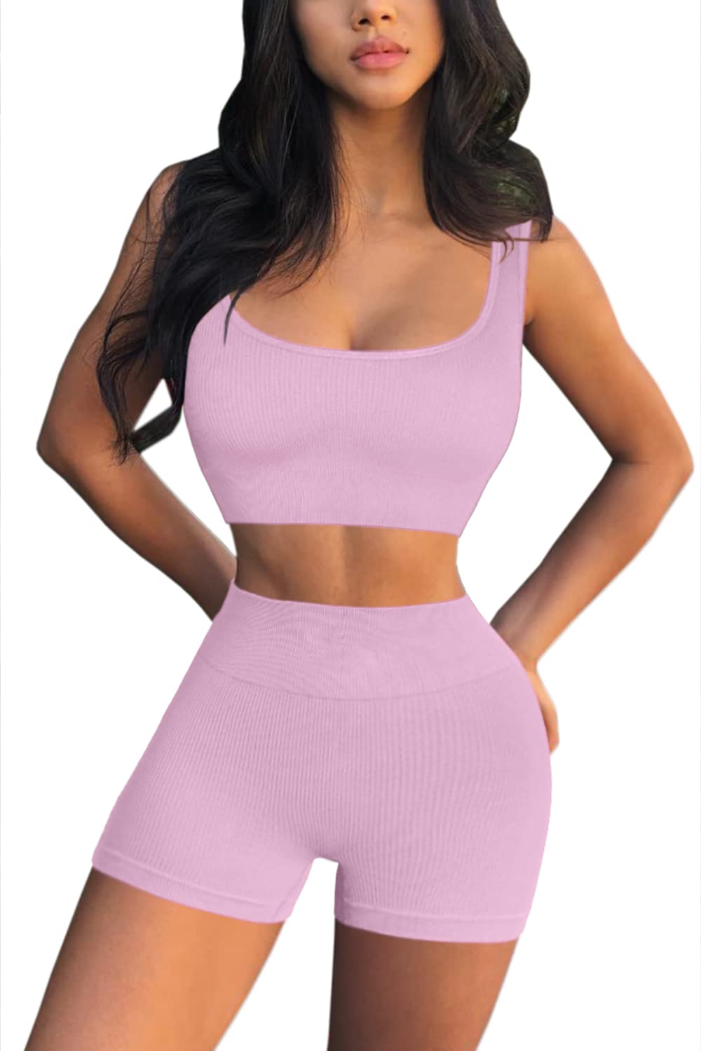 QINSEN Workout Sets for Women 2 Piece Seamless Ribbed Crop Tank High Waist Shorts Yoga Outfits