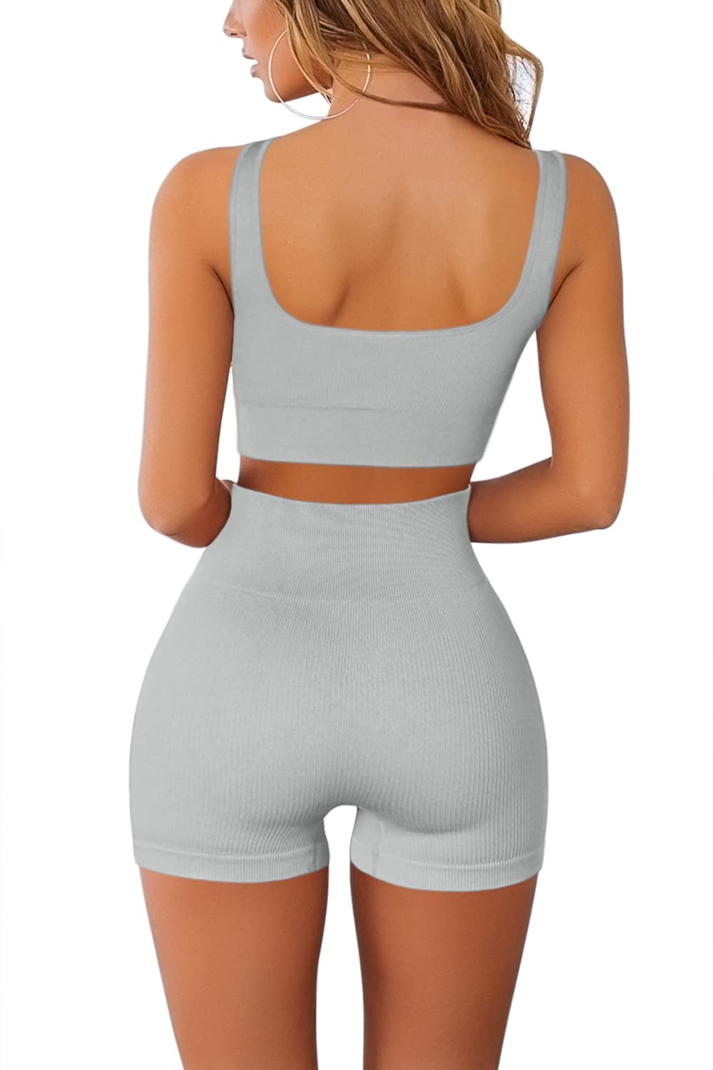 QINSEN Workout Sets for Women 2 Piece Seamless Ribbed Crop Tank High Waist Shorts Yoga Outfits