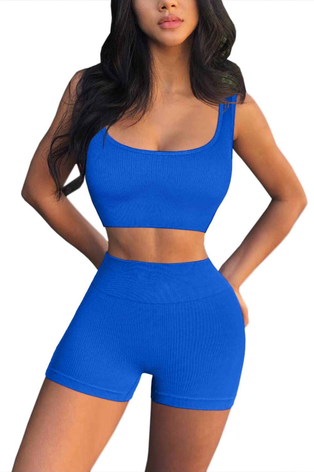 QINSEN Workout Sets for Women 2 Piece Seamless Ribbed Crop Tank High Waist Shorts Yoga Outfits