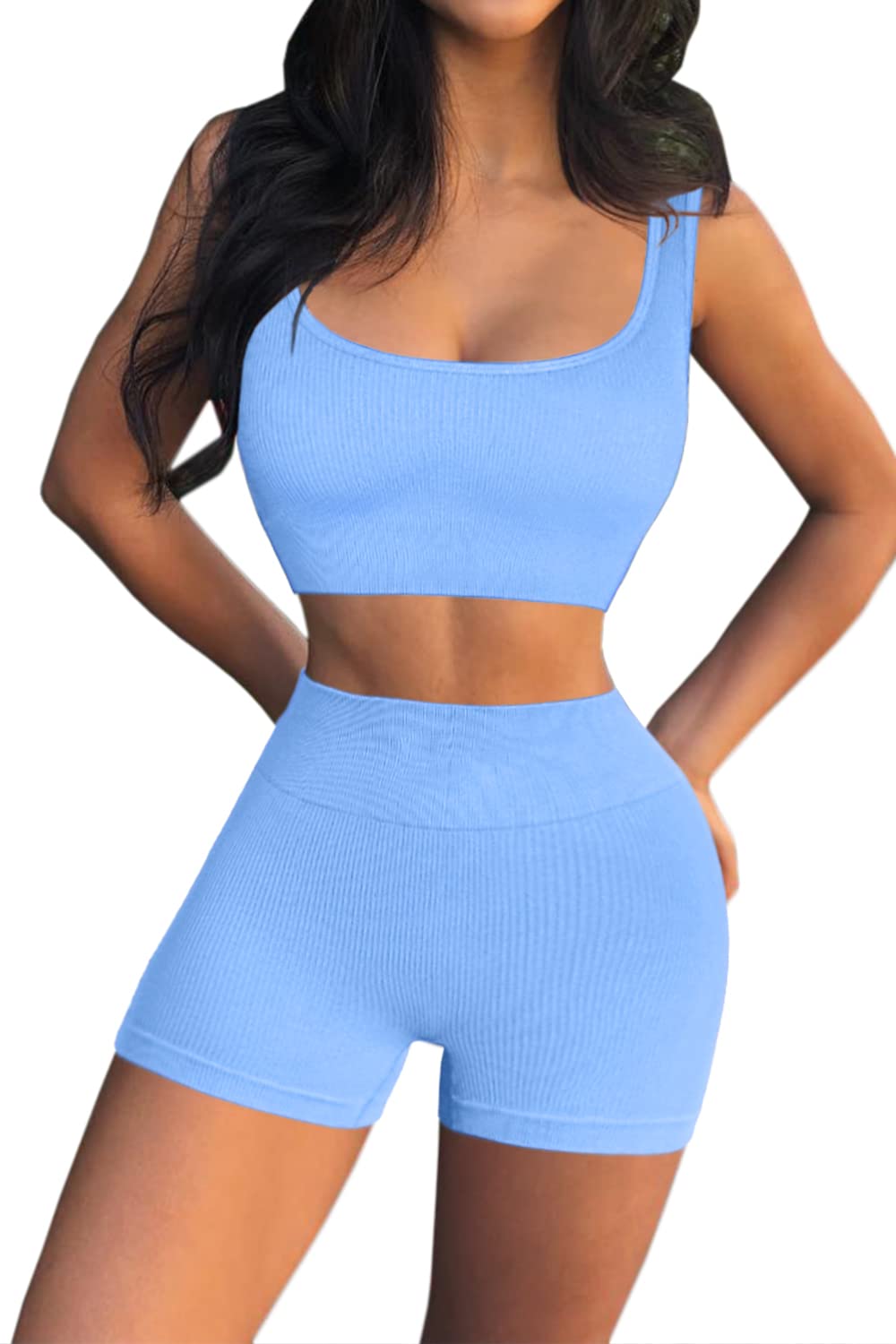 QINSEN Workout Sets for Women 2 Piece Seamless Ribbed Crop Tank High Waist Shorts Yoga Outfits