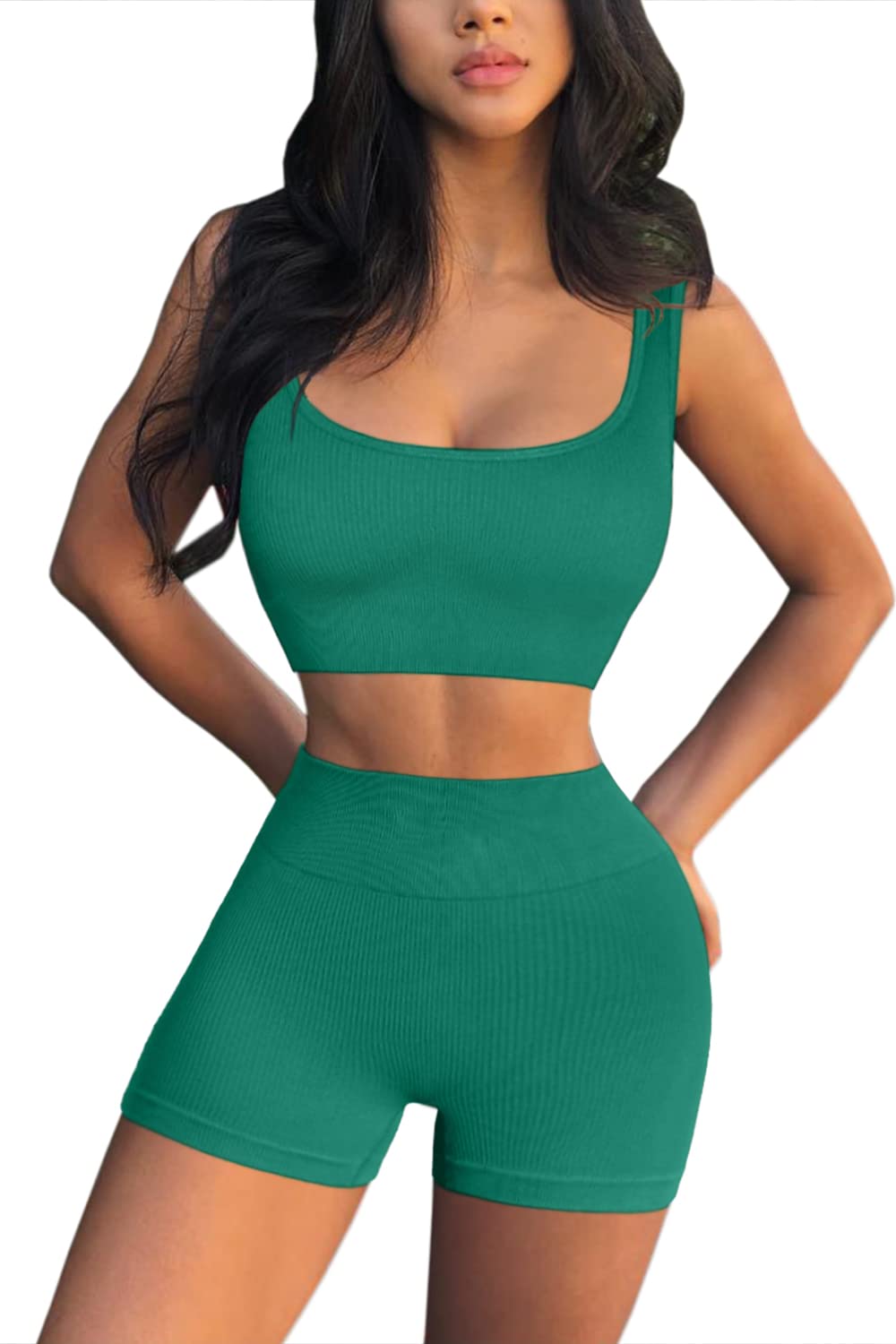 QINSEN Workout Sets for Women 2 Piece Seamless Ribbed Crop Tank High Waist Shorts Yoga Outfits