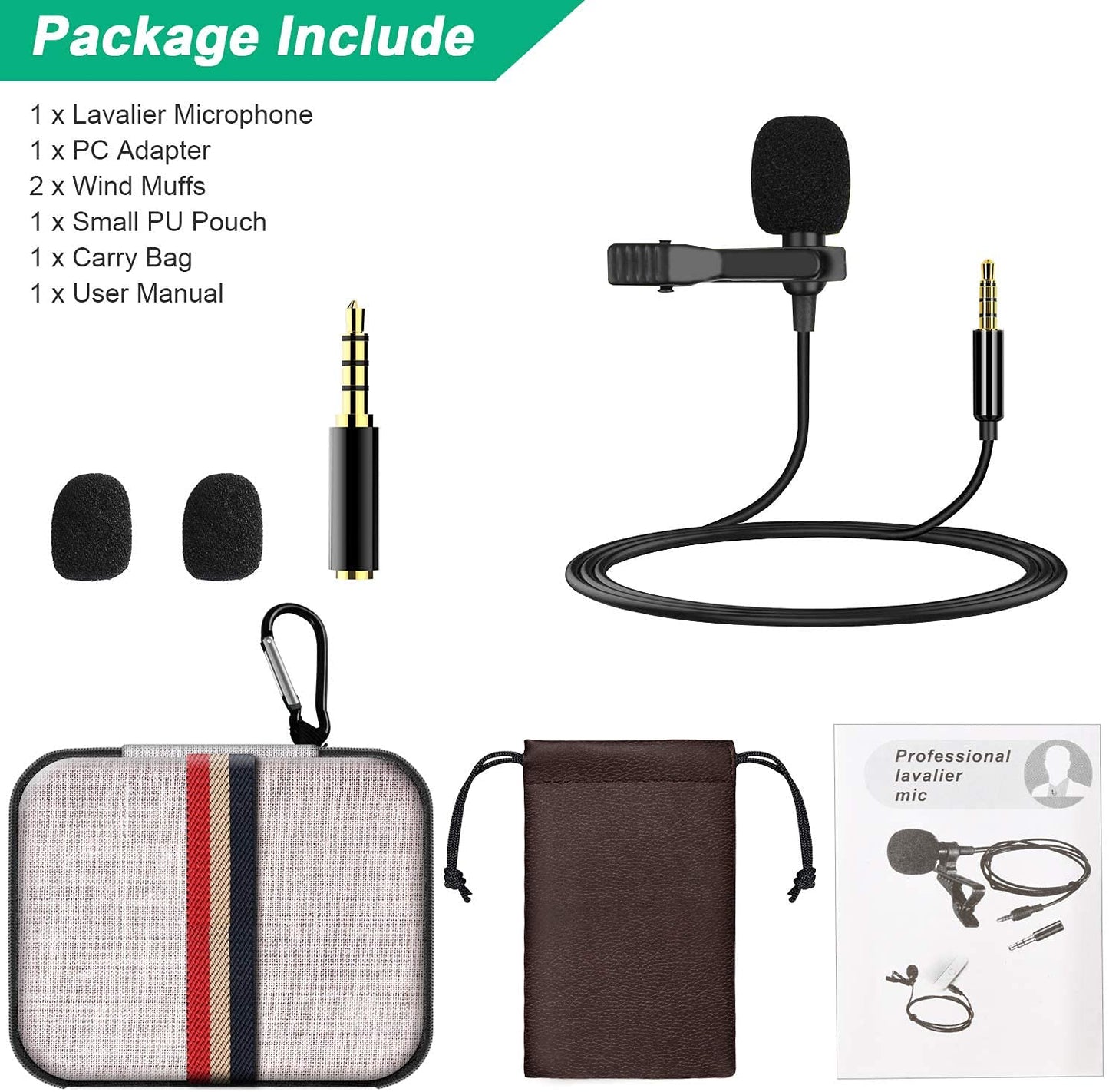 Professional Wireless Lavalier Lapel Microphone for iPhone, iPad, Cordless Omnidirectional Condenser Recording Mic for Video Recording, Live Streaming, Interview Podcast Vlog YouTube Tiktok(2 Pack)