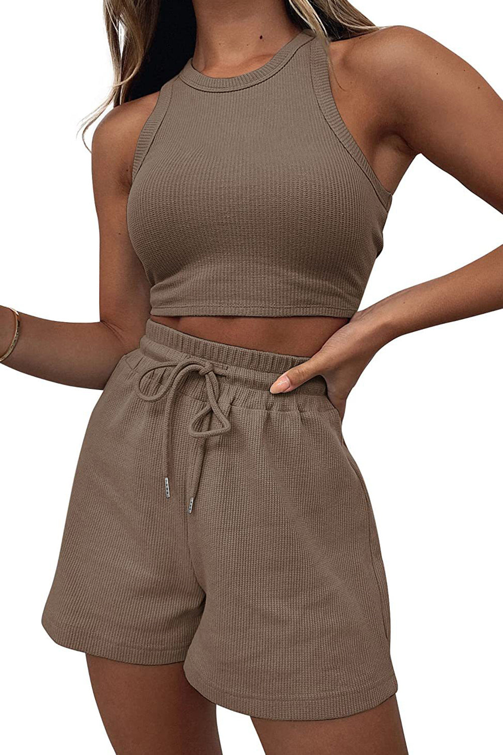 Round Neck Crop Top and Drawstring Shorts Set