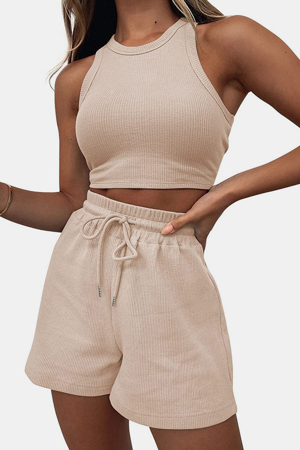 Round Neck Crop Top and Drawstring Shorts Set