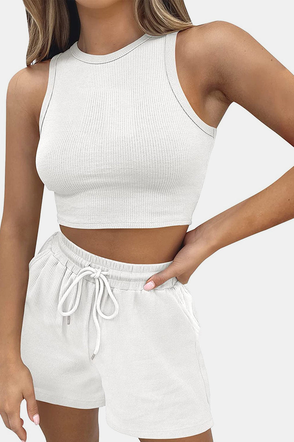 Round Neck Crop Top and Drawstring Shorts Set