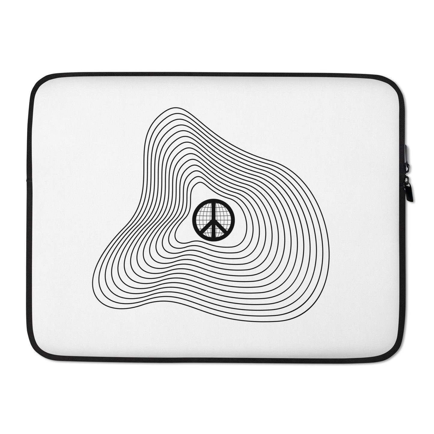 Laptop sleeve/case with a peace sign centered around wavy, abstractly shaped circular lines. The inside of the laptop sleeve is lined with a soft, cushioned velvety material. There is also a zipper that encloses your laptop so it is safe and secure inside your case. 